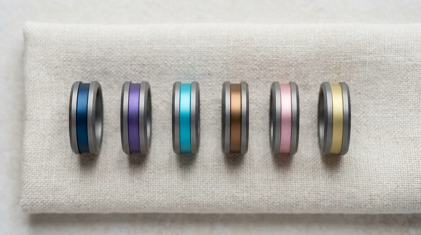 Six zirconium bands in a row, each with a wide anodised channel in a different colour: blue, violet, turquoise, bronze, pink and yellow