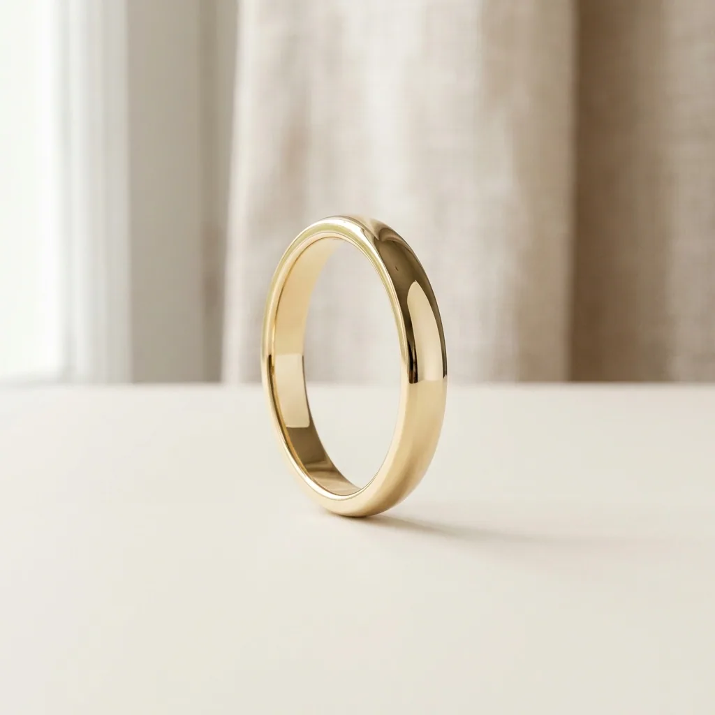 D-shape, 18ct, Domed outside, flat inside. The traditional English profile.