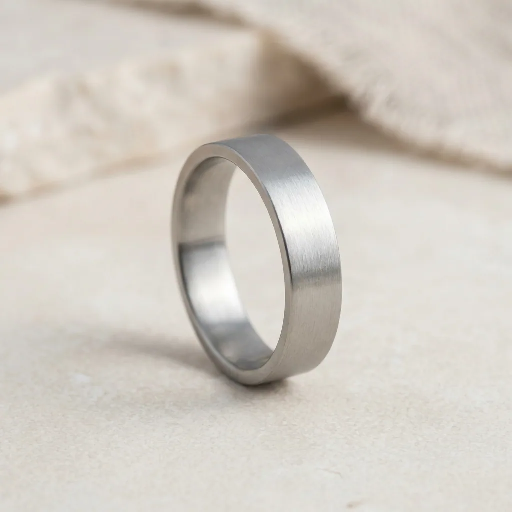 Flat, titanium, The lightest ring we make, and the least expensive.