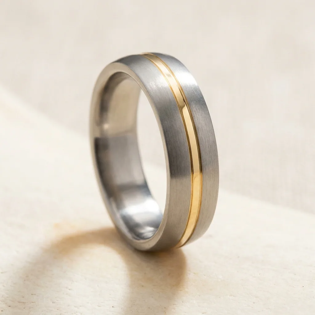 Gold line, titanium, Solid gold inlaid down the centre of brushed titanium.