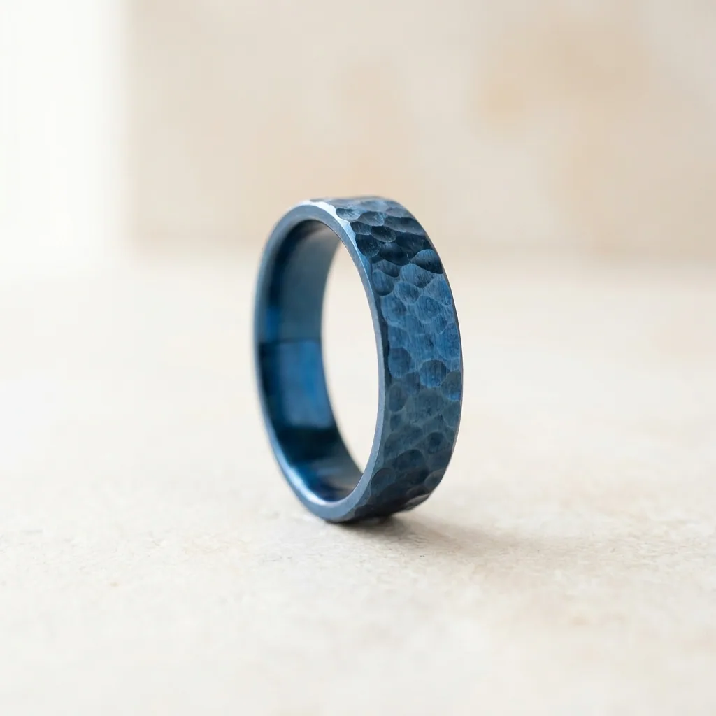 Hammered, anodised, Struck by hand, then given colour.