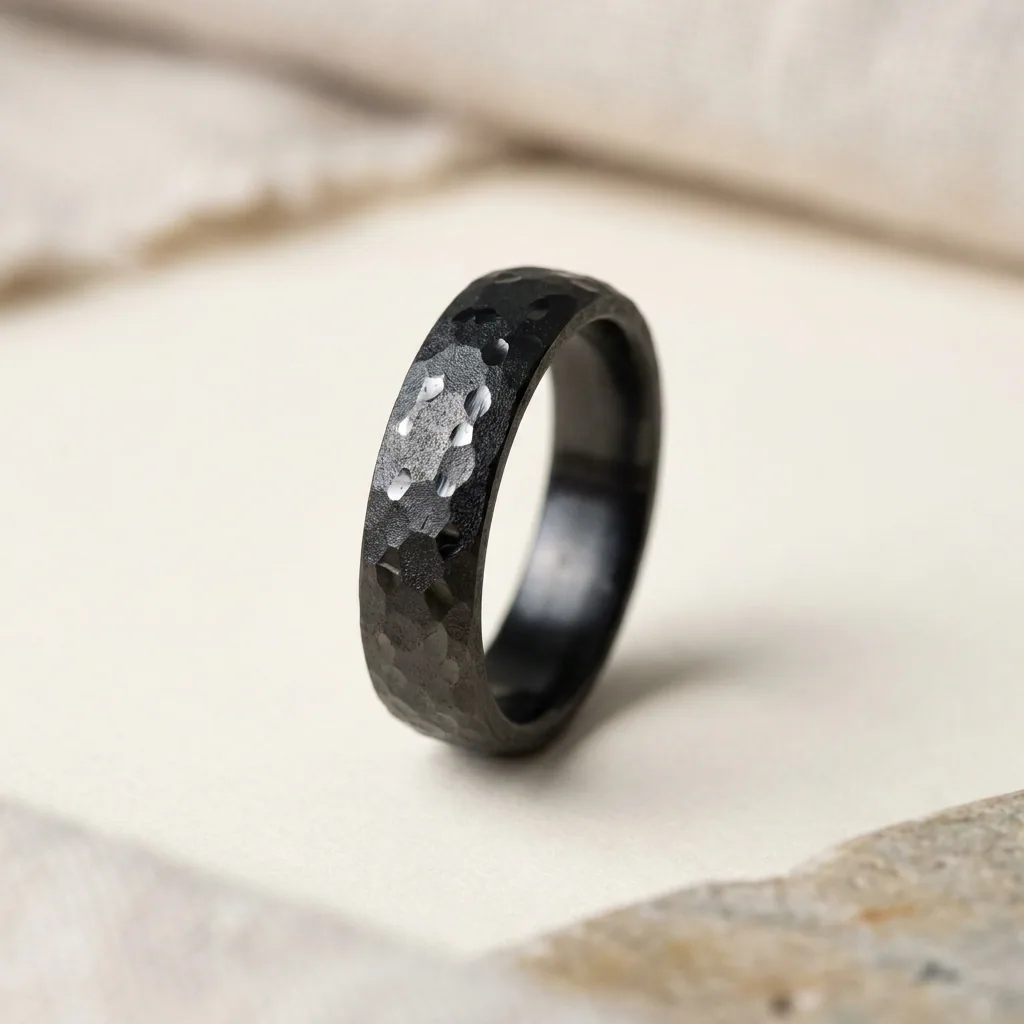 Hammered black, Struck by hand, so the facets never land twice the same way.