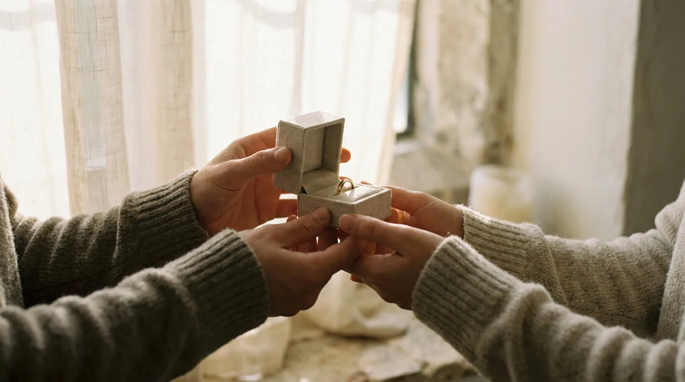 An open ring box held in two hands in warm afternoon light