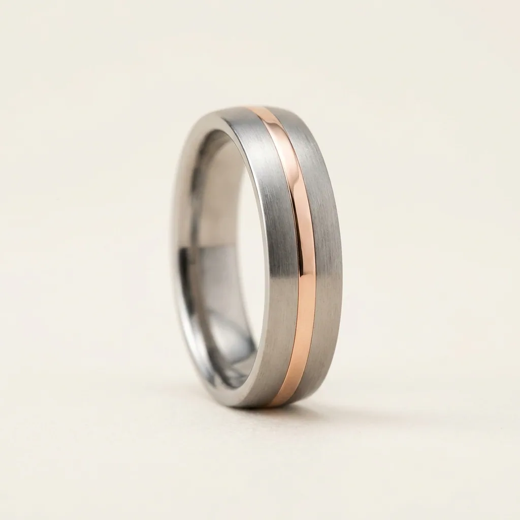 Rose line, titanium, Solid 9ct rose gold down the centre of brushed titanium.