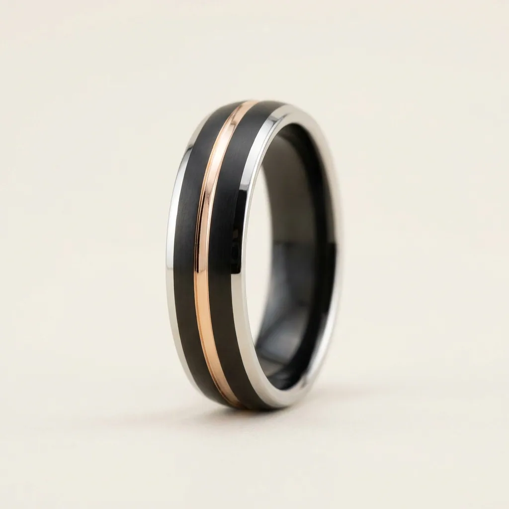 Rose on relieved black, Three tones: bright edges, black shoulders, rose gold centre.