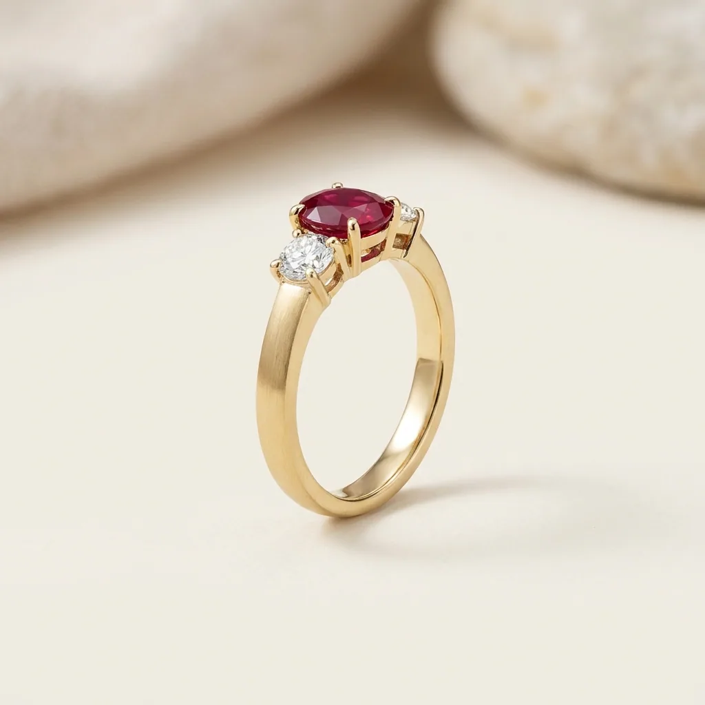 Ruby three stone, A ruby between two diamonds. Past, present, future, if you like that sort of thing.
