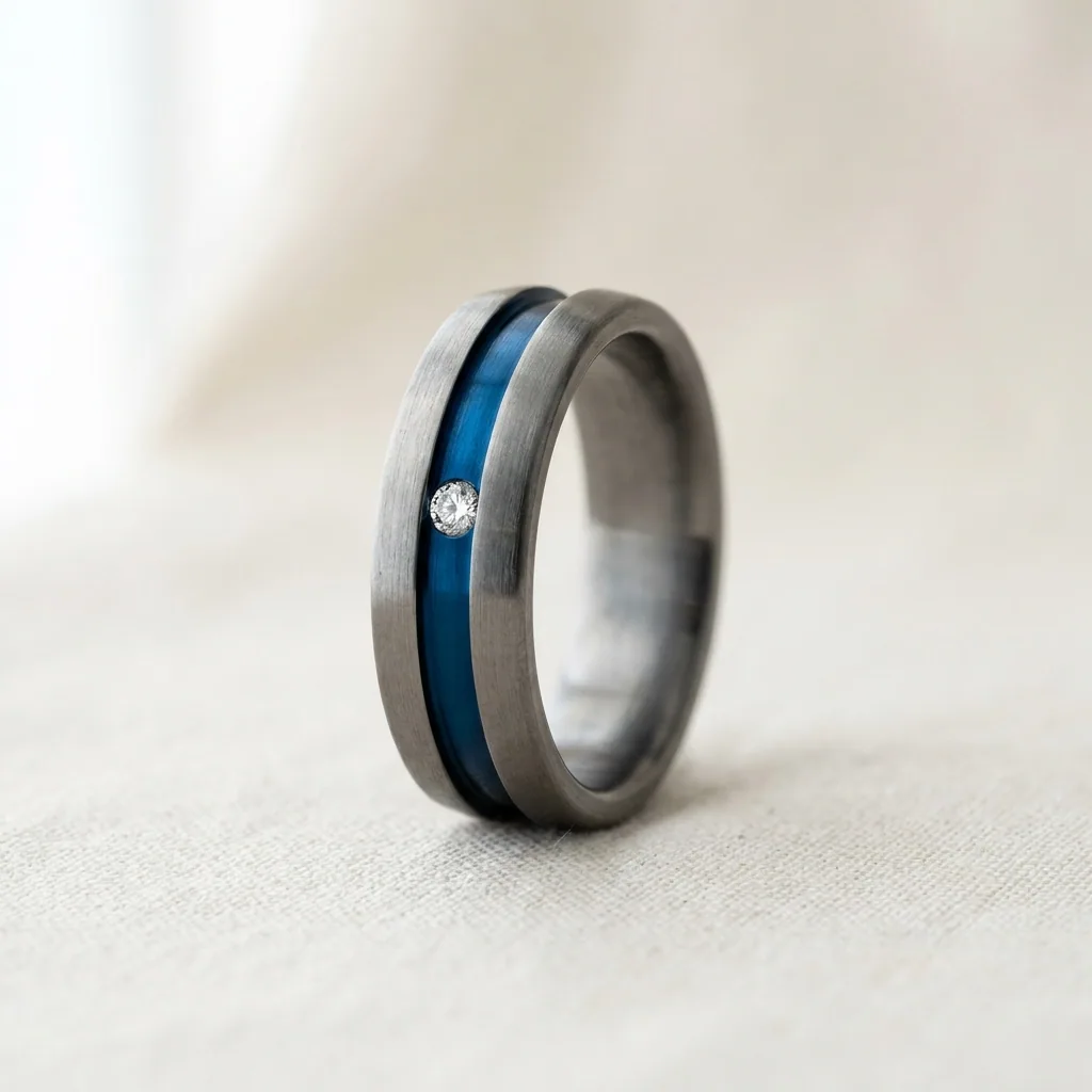 Diamond in colour, A single diamond, flush set into an anodised channel.